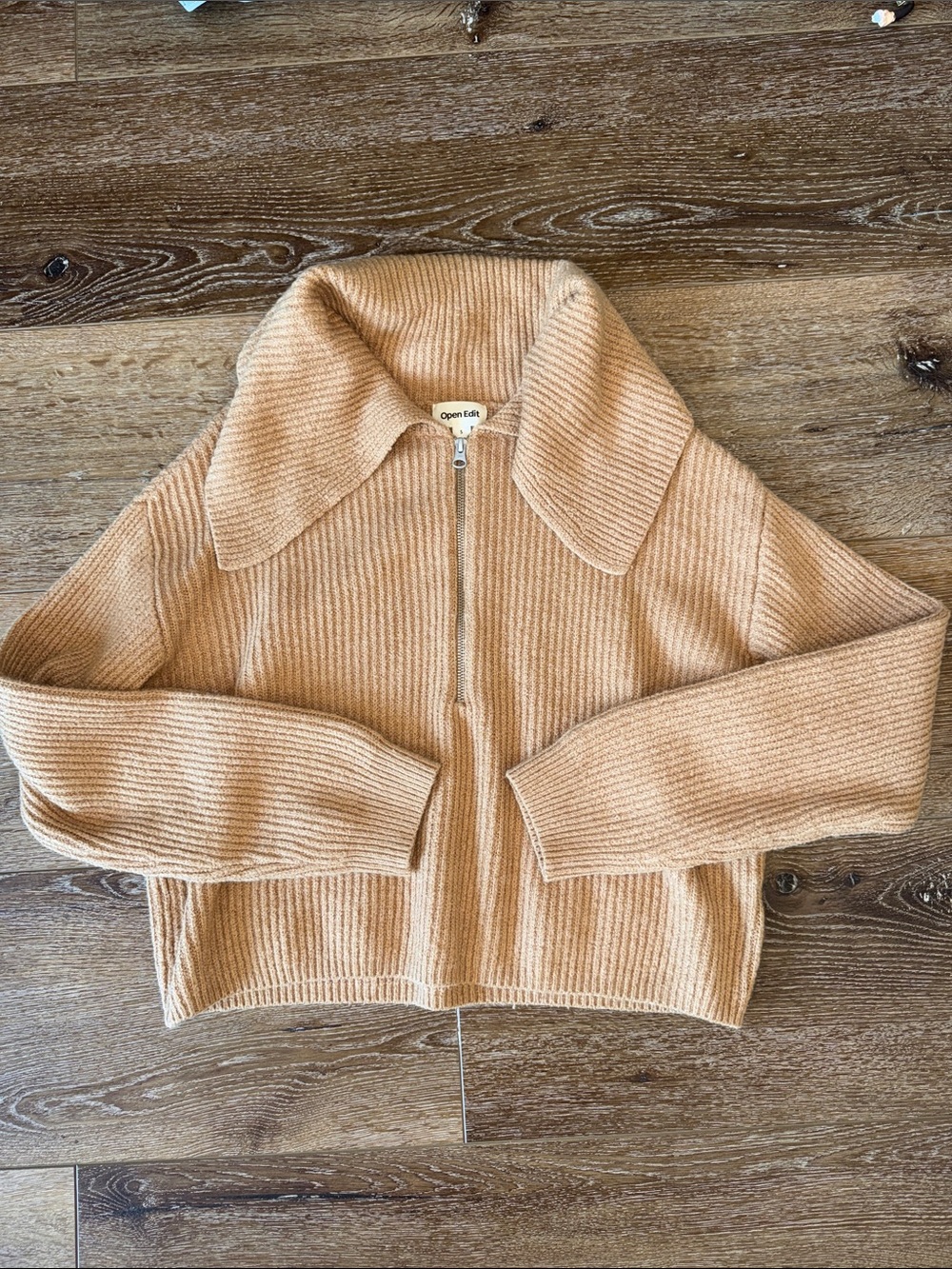 Open Edit -Women's Zip-Front Ribbed Sweater - Camel